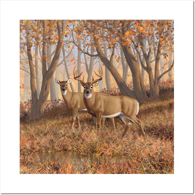 Whitetail Deer Buck and Doe in Autumn Woods Wall Art by csforest